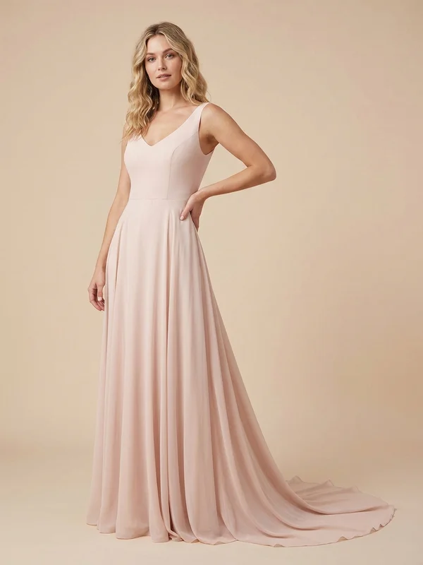 Callista — Blush Chiffon A-Line Wedding Dress with Keyhole Back - 1