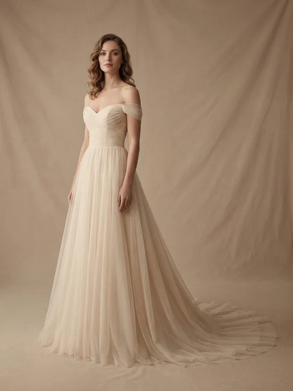 Margaux — Champagne Tulle A-Line Wedding Gown with Off-Shoulder Straps - 1