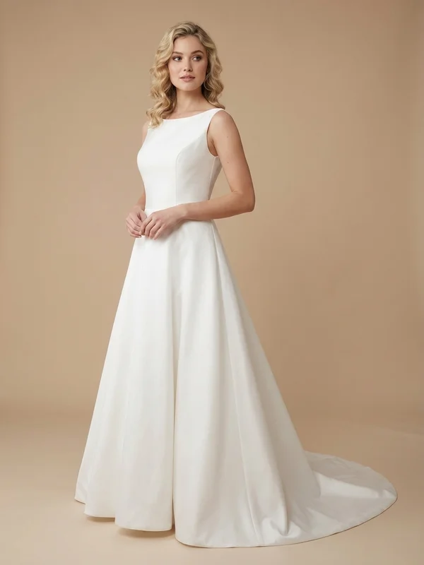 Theodora — White Mikado A-Line Wedding Dress with Boat Neckline - 1