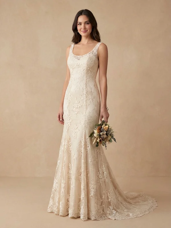 Solana — Champagne Lace Beach Wedding Dress with Spaghetti Straps - 1