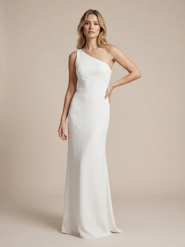 Thalassa — White Crepe Beach Wedding Dress with Side Slit - 1