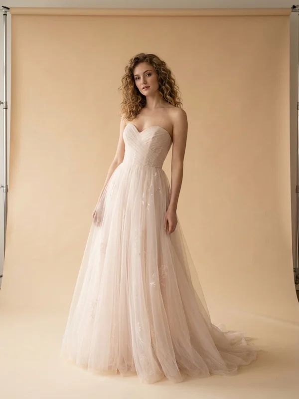 Ondine — Blush Tulle Beach Wedding Dress with Floral Appliqué - 1