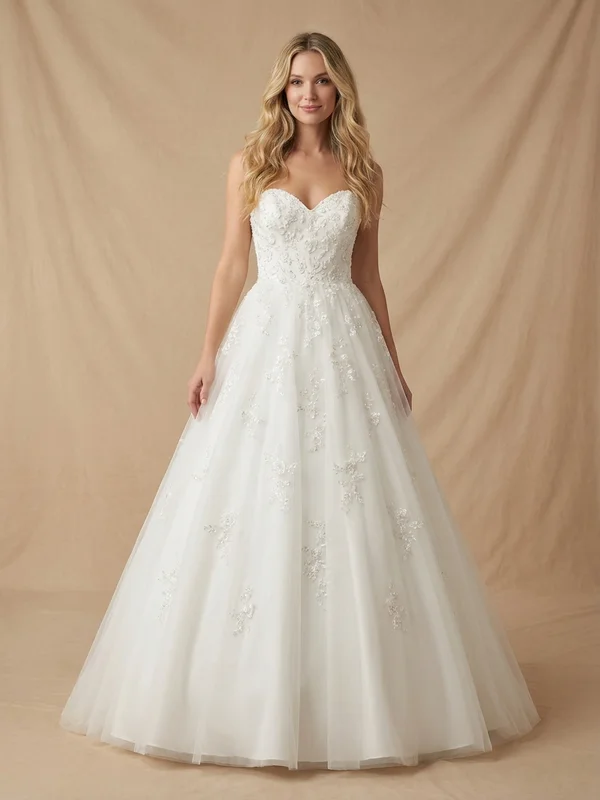 Arabella — White Beaded Ball Gown Wedding Dress with Cap Sleeves - 1