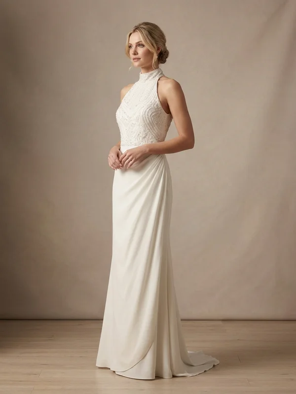 Delphina — Ivory Beaded Sheath Wedding Dress with Low Back - 1