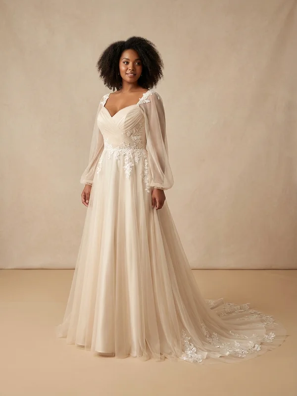Evangeline — Champagne Beaded A-Line Wedding Gown with Cathedral Train - 1
