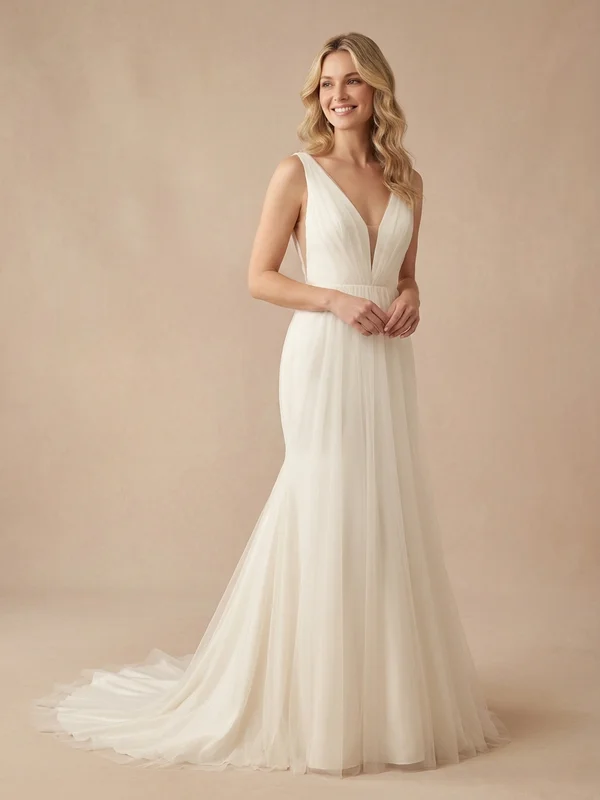 Seraphine — Ivory Beaded Mermaid Wedding Dress with Plunging Neckline - 1
