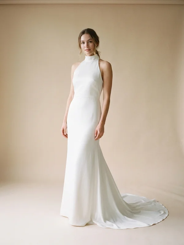 Isolde — White Backless Satin Wedding Gown with Cowl Drape - 1