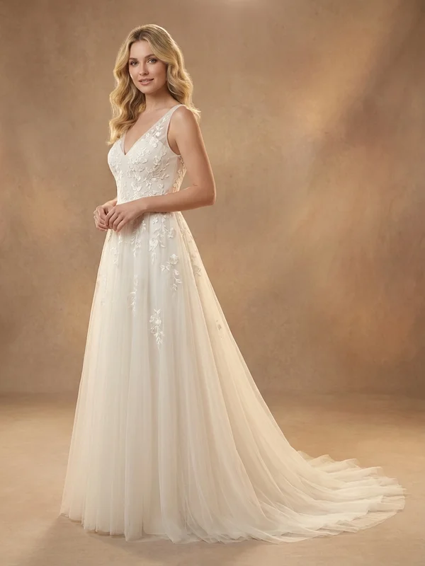 Odette — Ivory Backless Tulle Wedding Dress with Floral Embroidery - 1