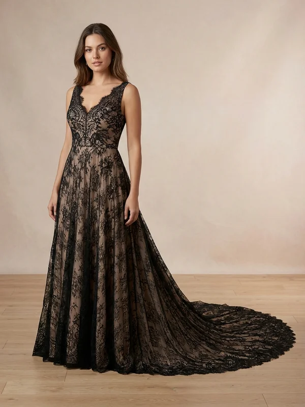 Nocturne — Black Lace A-Line Wedding Gown with Illusion Sleeves - 1