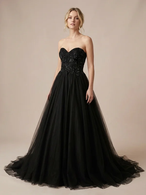Obsidian — Black Tulle Strapless Wedding Dress with Beaded Bodice - 1