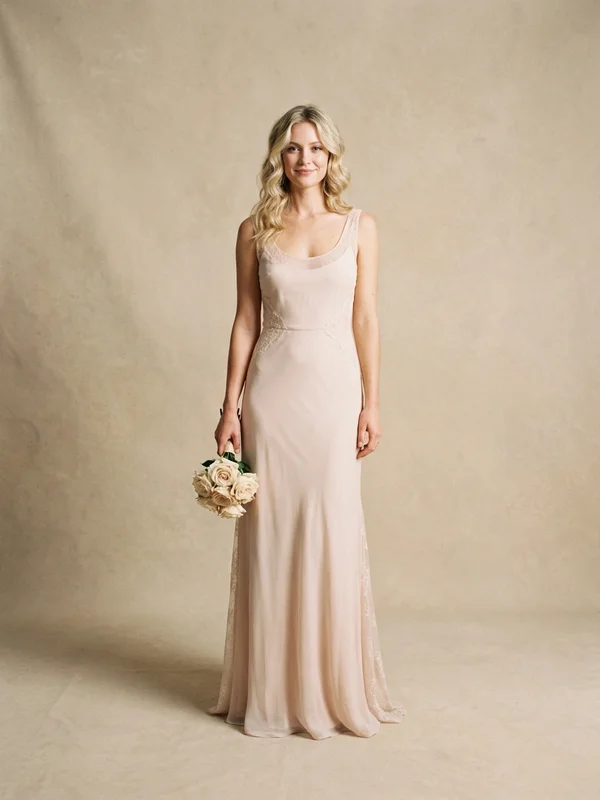 Mirabelle — Blush Chiffon Sheath Wedding Dress with Cap Sleeves - 1
