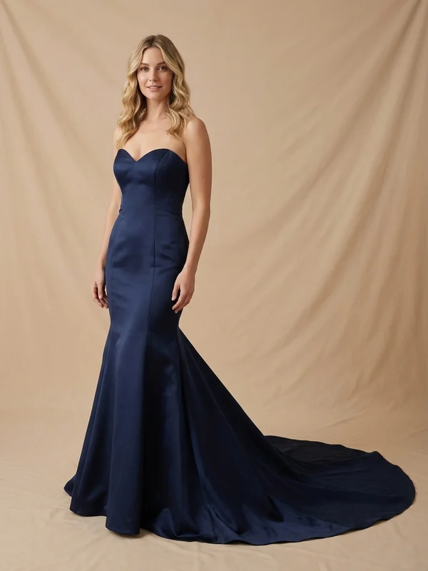 Oceane — Navy Blue Satin Mermaid Wedding Gown with Cathedral Train - 1