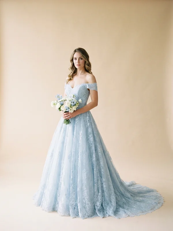 Celestine — Powder Blue Lace Ball Gown Wedding Dress with Off-Shoulder Sleeves - 1