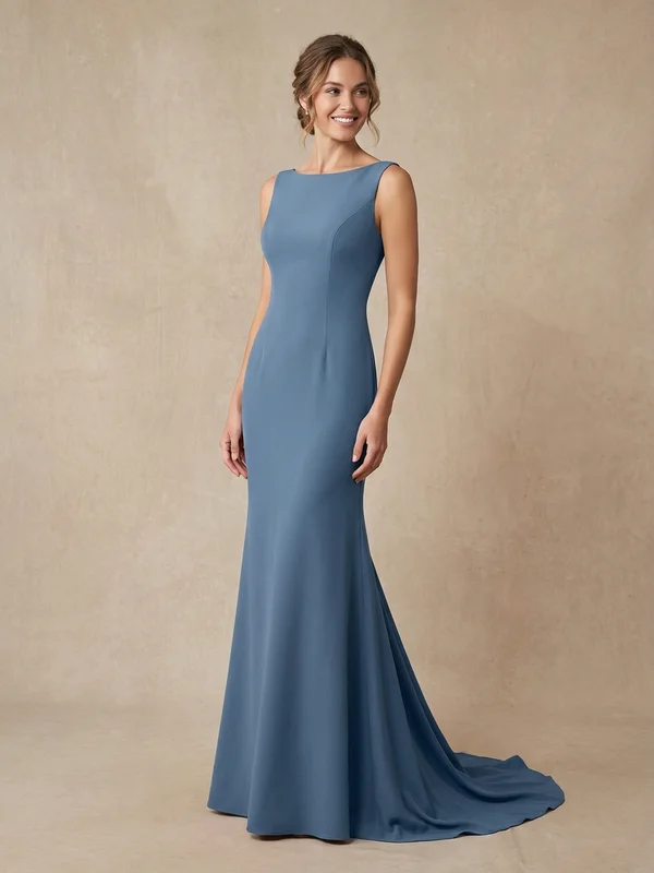Indigo — Steel Blue Crêpe Trumpet Wedding Gown with Cowl Back - 1