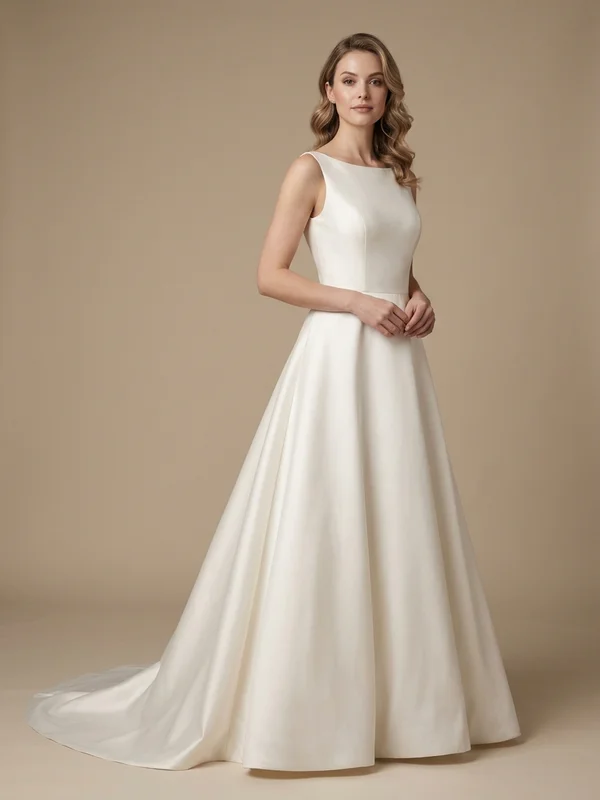 Celestine — Ivory Satin Boat Neck Wedding Dress with Chapel Train - 1