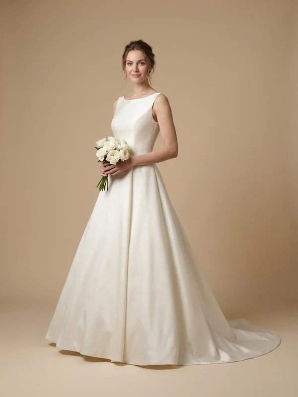Eleanora — Ivory Mikado Boat Neck Wedding Gown with Pockets - 1
