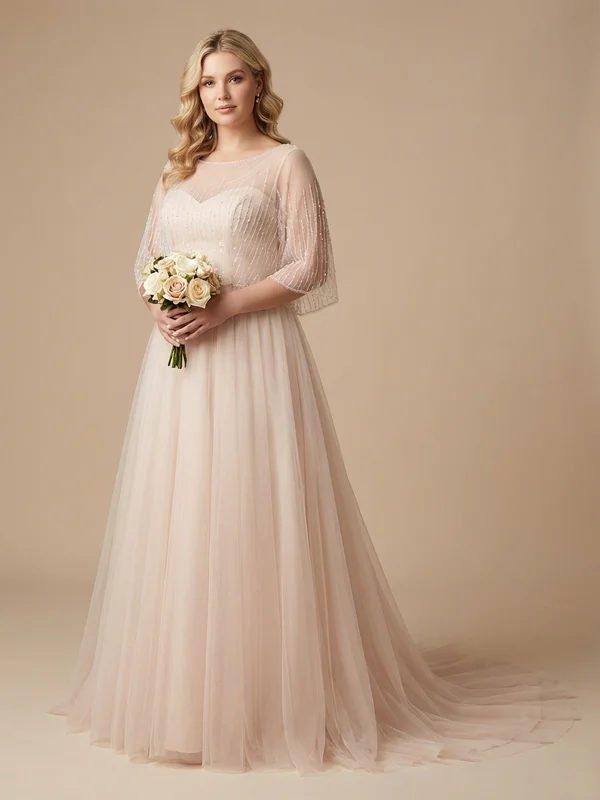 Seraphine — Blush Tulle Boat Neck Wedding Dress with Beaded Bodice - 1