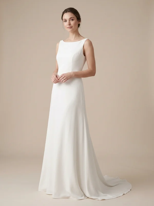 Vivienne — White Crepe Boat Neck Wedding Gown with Button-Back Detail - 1