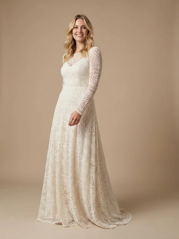 Juniper — Ivory Lace Boho Wedding Dress with Bell Sleeves - 1