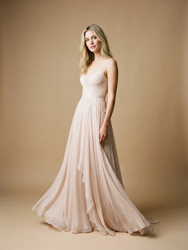 Meadow — Blush Chiffon Boho Wedding Gown with Flutter Sleeves - 1