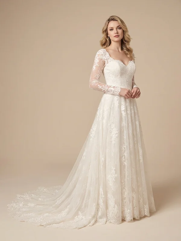 Isolde — Ivory Lace Bell Sleeve Wedding Dress with Cathedral Train - 1