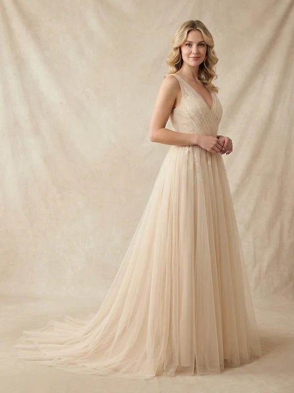 Rosalind — Champagne Tulle Bell Sleeve Wedding Gown with Beaded Cuffs - 1