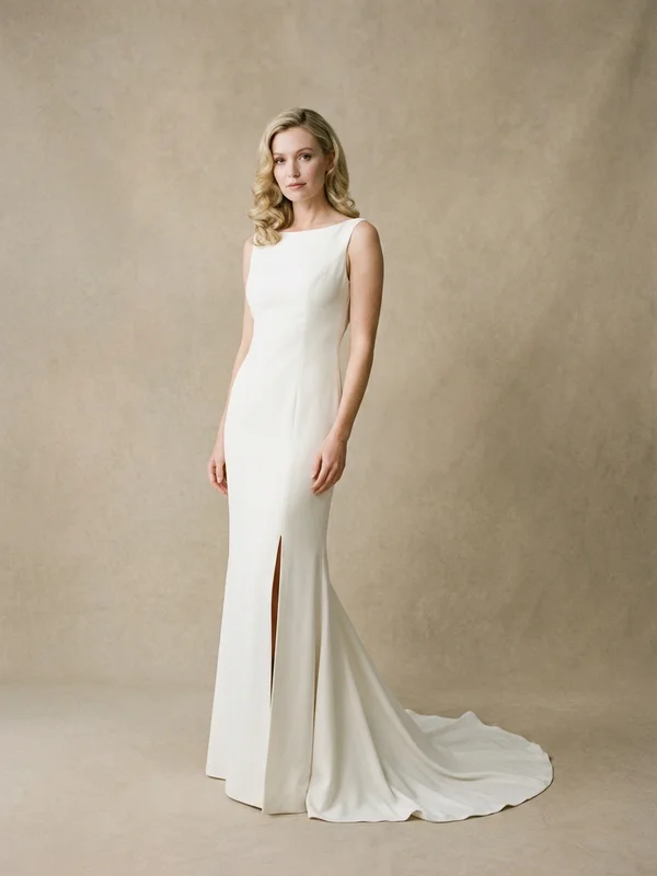 Cassandra — Ivory Crepe Minimalist Wedding Dress with Cowl Back - 1