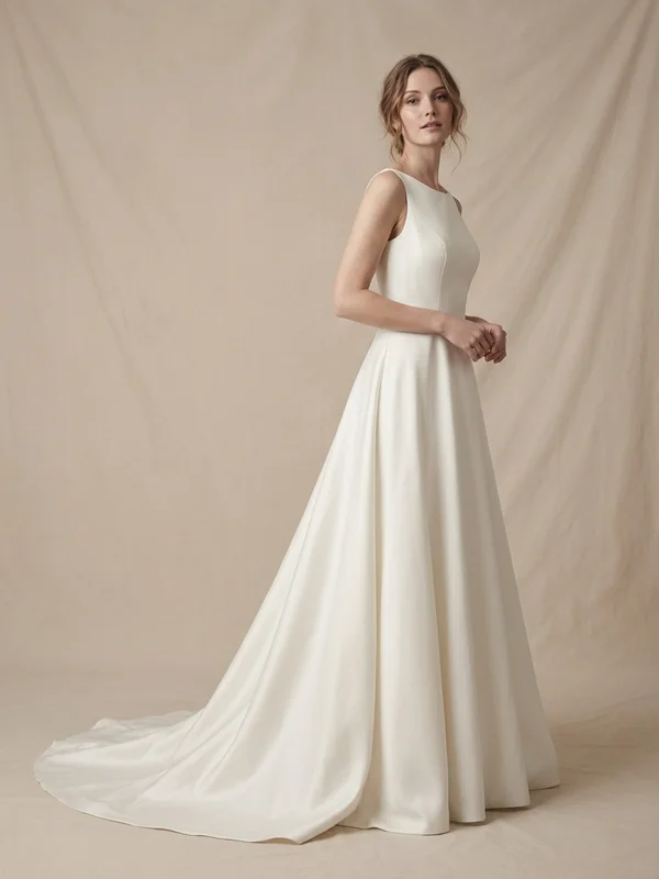 Valentina — Ivory Satin A-Line Wedding Gown with Off-Shoulder Sleeves - 1