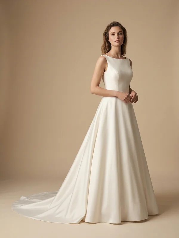 Rosalind — Ivory Satin Button Back Wedding Dress with Cathedral Train - 1
