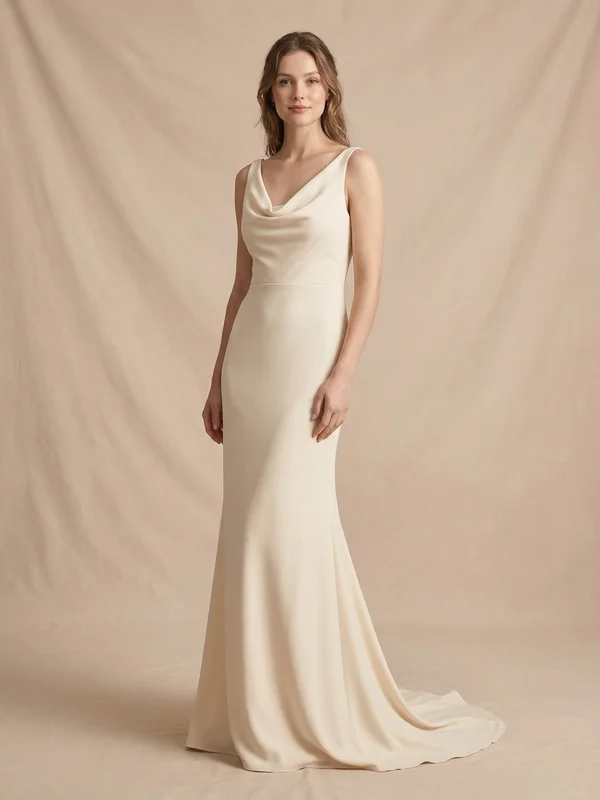 Aurelie — Champagne Crepe Button Back Wedding Dress with Cowl Neck - 1