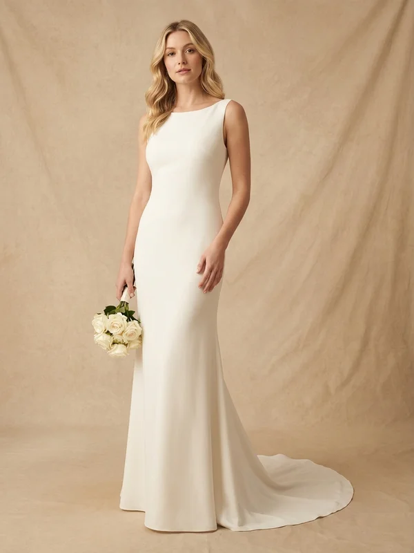 Marguerite — Ivory Crepe Cap Sleeve Wedding Gown with Minimalist Train - 1
