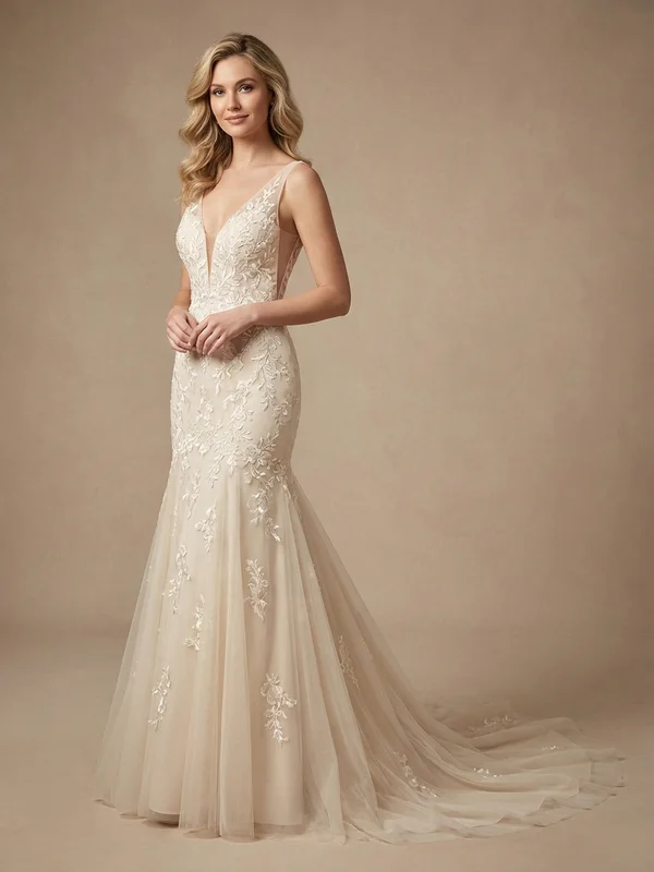 Vivienne — Champagne Embroidered Cap Sleeve Wedding Dress with Cathedral Train - 1