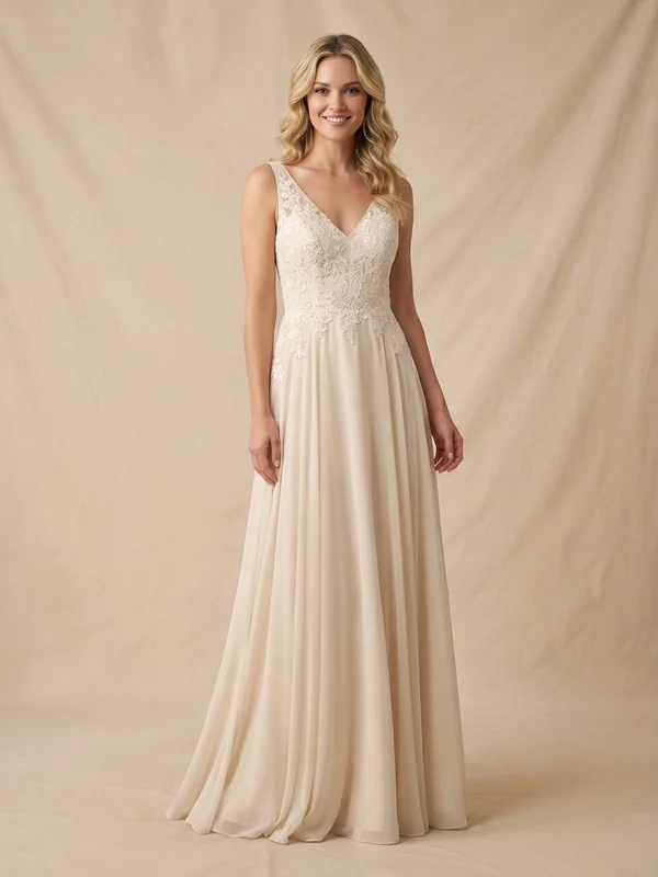 Arabella — Champagne Chiffon V-Neck Wedding Dress with Lace Appliqué - 1