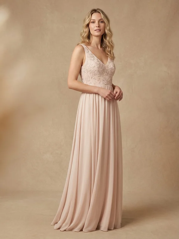 Delphine — Blush Chiffon Empire Wedding Gown with Beaded Bodice - 1