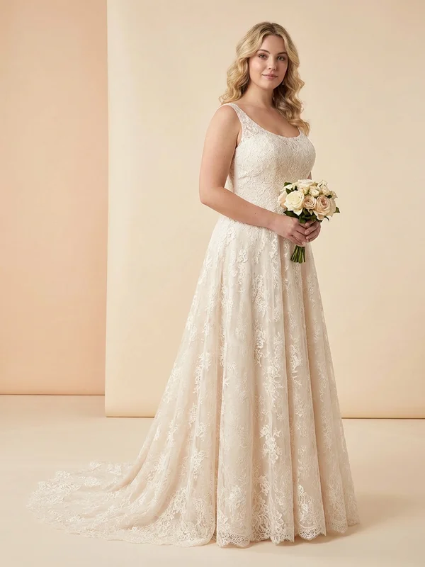 Aurélie — Champagne Lace A-Line Wedding Dress with Cap Sleeves - 1