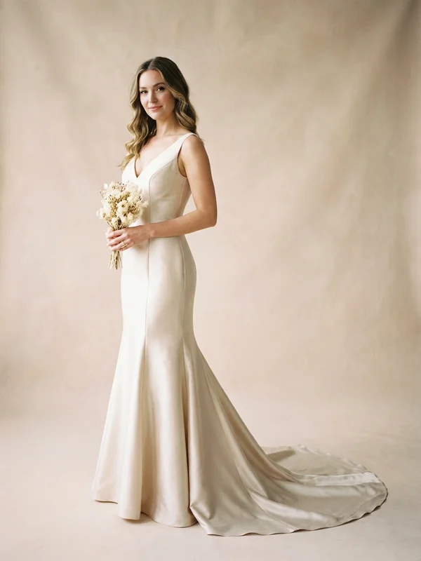 Geneviève — Champagne Satin Mermaid Wedding Gown with Low Back - 1