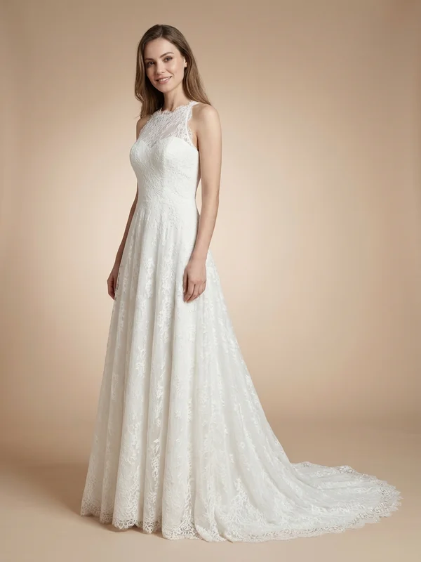 Celestine — White Lace Church Wedding Dress with Illusion Sleeves - 1