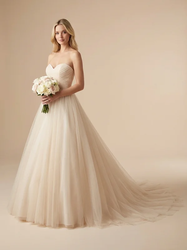 Marguerite — Champagne Tulle Church Wedding Dress with Beaded Bodice - 1