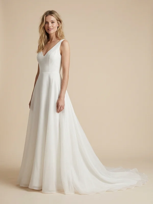 Rosalind — White Organza Church Wedding Dress with Embroidered Cathedral Veil - 1