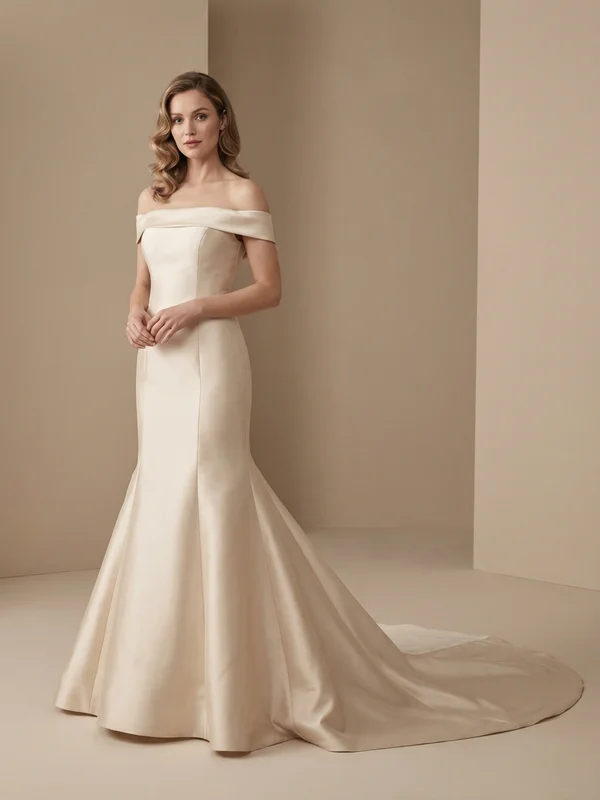 Genevieve — Champagne Mikado Corset Back Wedding Dress with Peplum Detail - 1