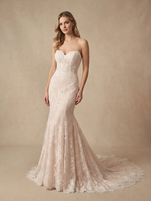 Valentina — Blush Lace Corset Back Wedding Dress with Floral Appliqué - 1