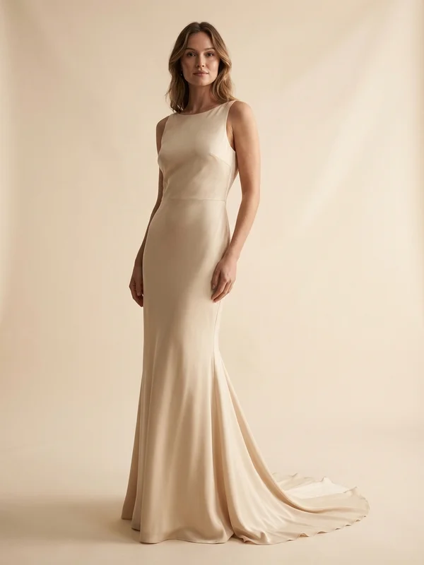 Cassandra — Champagne Crepe Draped Wedding Dress with Cowl Back - 1