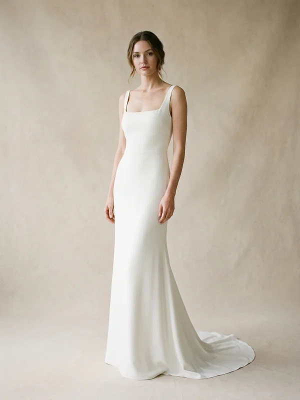 Eleanora — Ivory Crepe Fitted Wedding Gown with Cap Sleeves - 1