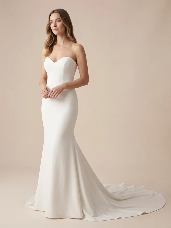Isolde — White Crepe Trumpet Wedding Dress with Cathedral Train - 1