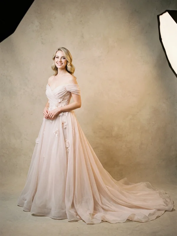 Celestine — Blush Organza Cathedral Train Wedding Dress with Embroidered Bodice - 1