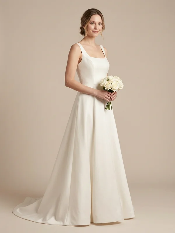 Genevieve — Ivory Satin Court Train Wedding Dress with Square Neck - 1