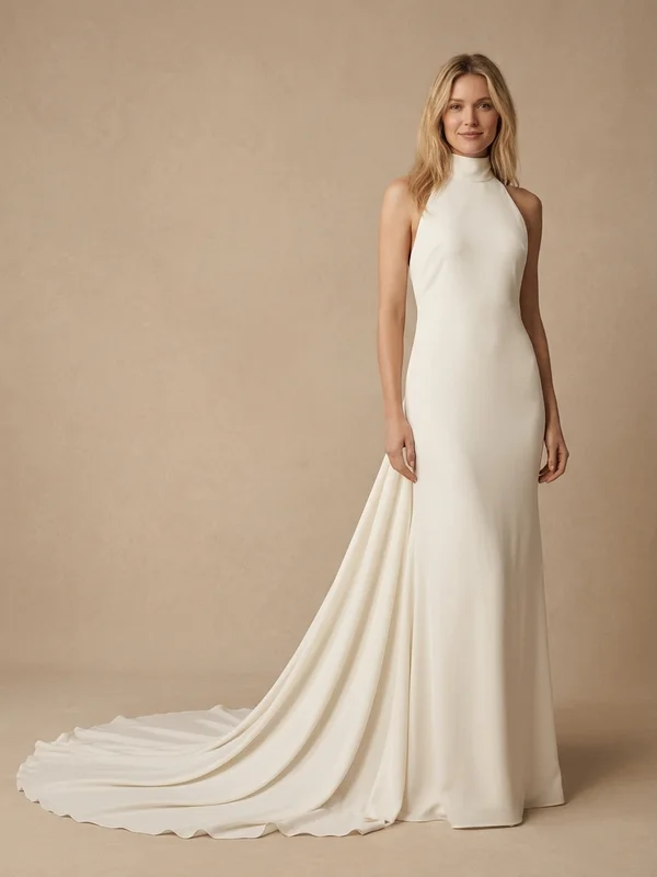 Margaux — Ivory Crepe Cathedral Train Wedding Gown with Cowl Back - 1