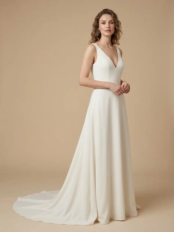 Harper — Ivory Crepe Country Wedding Dress with Pockets - 1