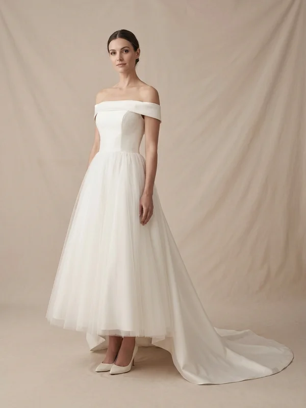 Savannah — Ivory Satin Country Wedding Dress with Detachable Train - 1