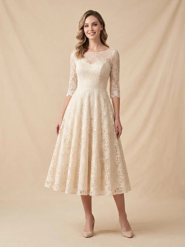 Calista — Champagne Lace Destination Wedding Dress with Cap Sleeves - 1